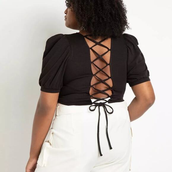 Eloquii puff sleeve black crop top, square neck, lace up back, size 22/24, NEW - Picture 3 of 4